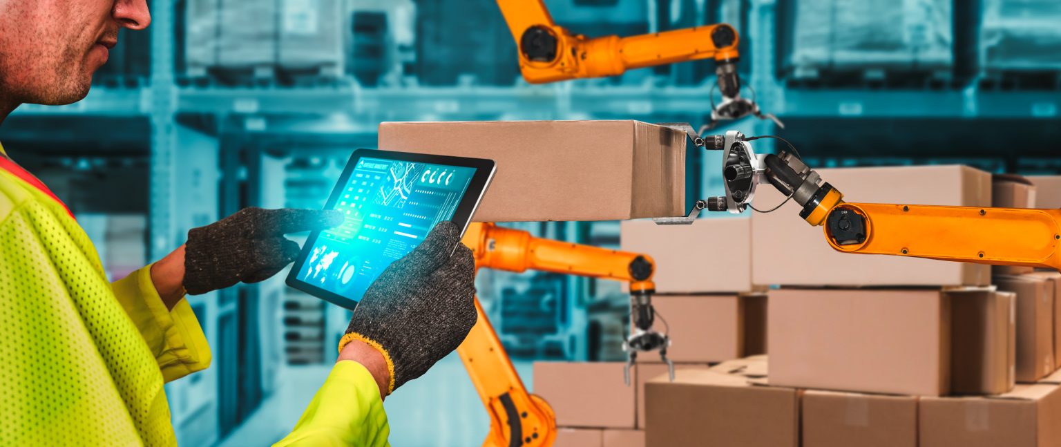 Smart robot arm systems for innovative warehouse and factory digital technology Smart robot arm systems for innovative warehouse and factory digital technology . Automation manufacturing robot controlled by industry engineering using IOT software connected to internet network .